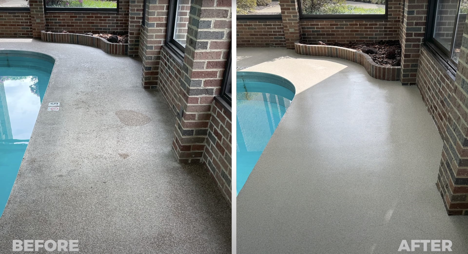 Professional pool deck concrete restoration showing dramatic improvement Pool deck concrete resurfacing before and after transformation in Bartlett TN